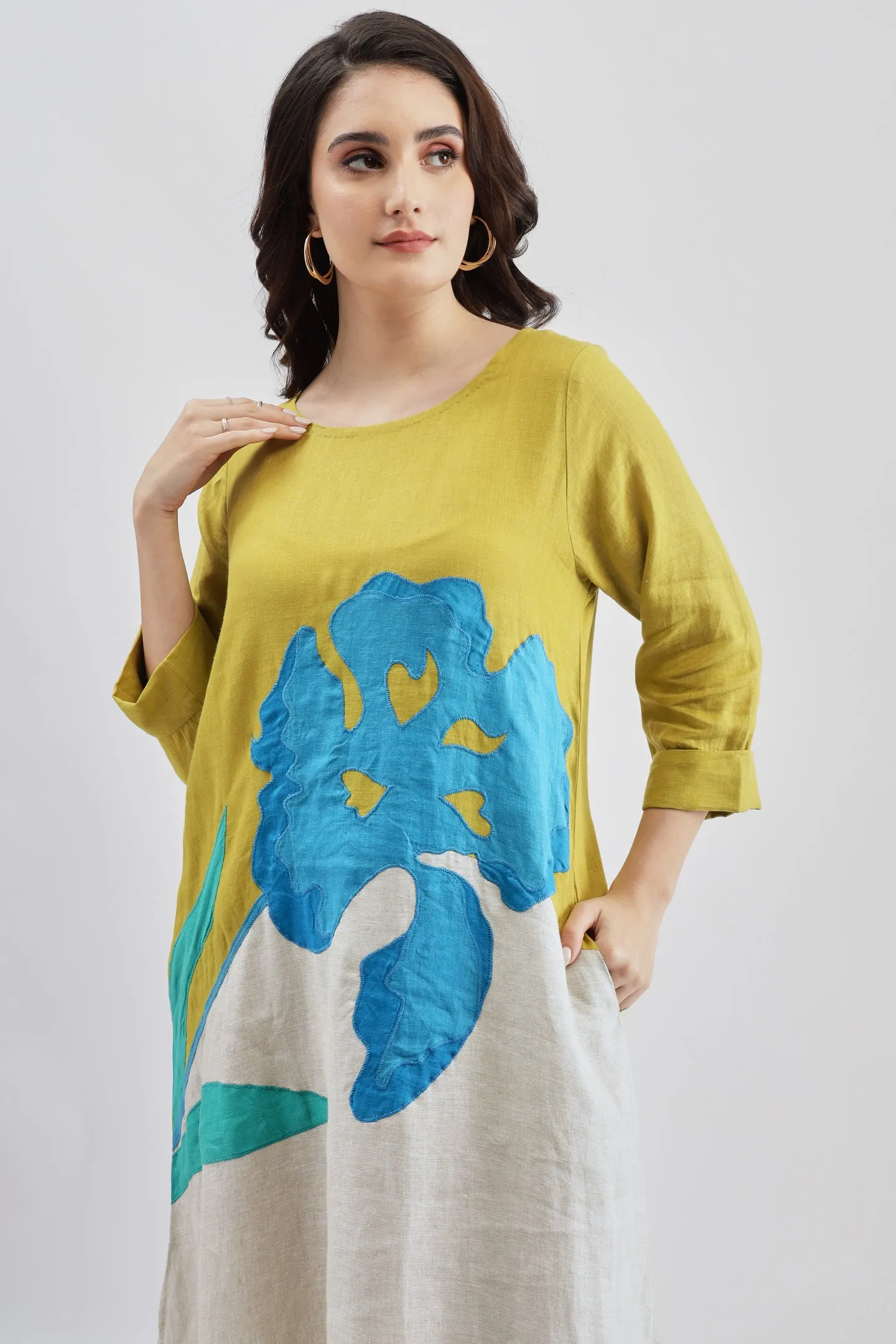 Beige & Lime Dress with Turquoise Embroidery
