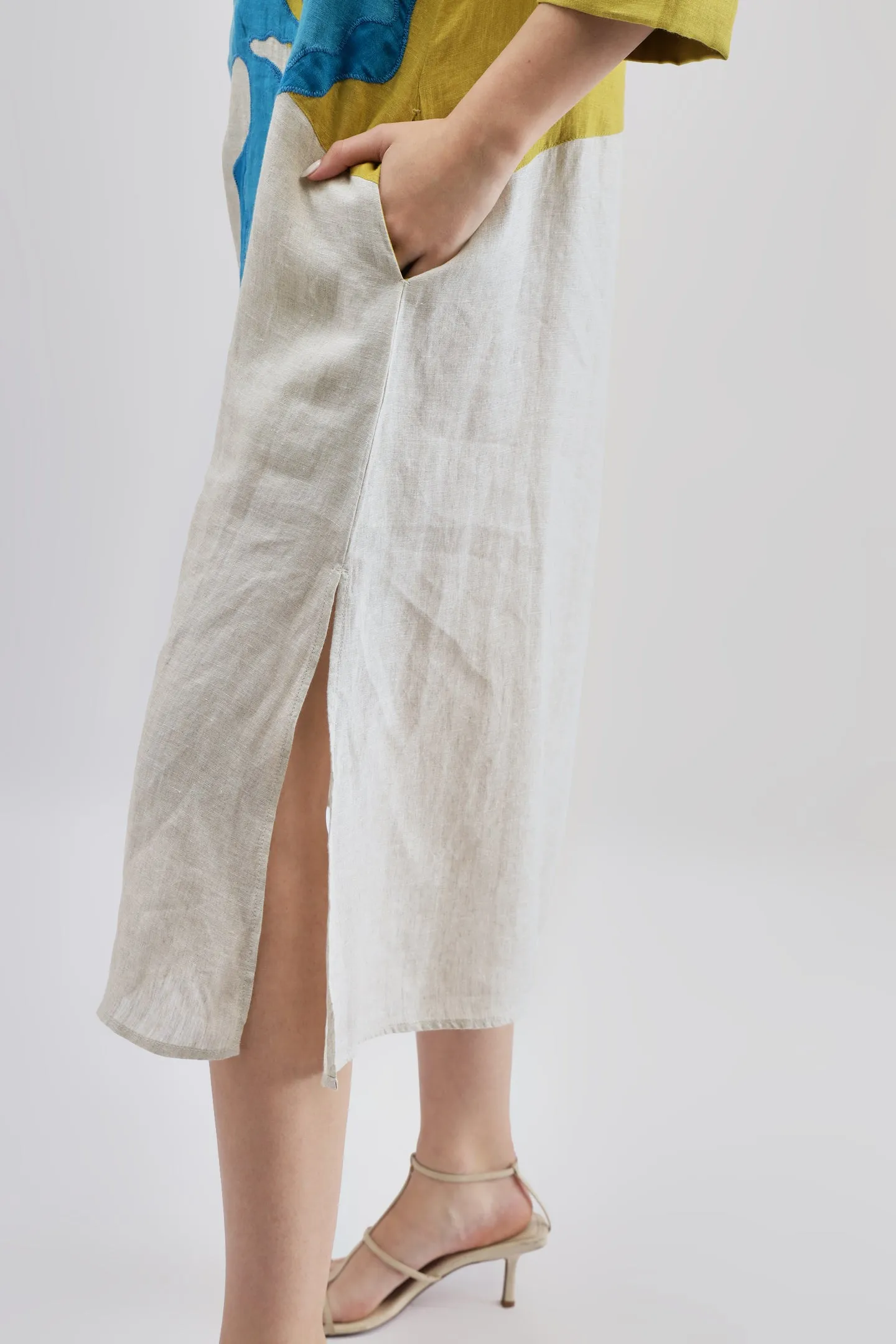 Beige & Lime Dress with Turquoise Embroidery