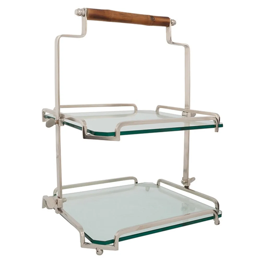Belgian Glass & Metal Two-Tier Tray with Bamboo Handle