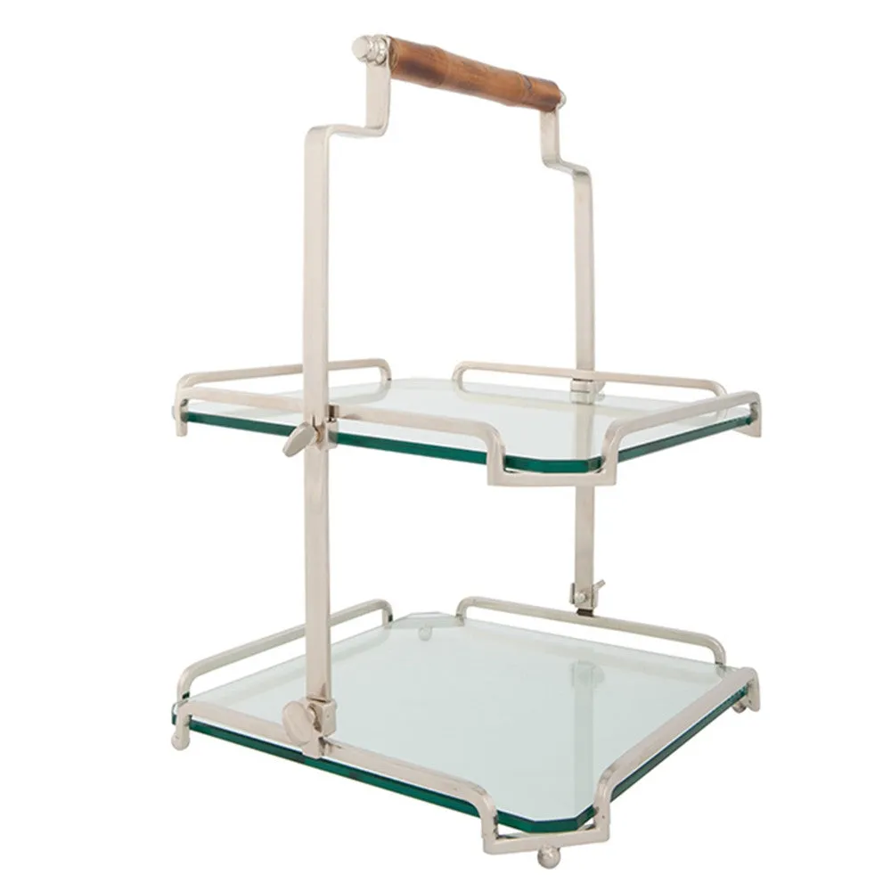 Belgian Glass & Metal Two-Tier Tray with Bamboo Handle