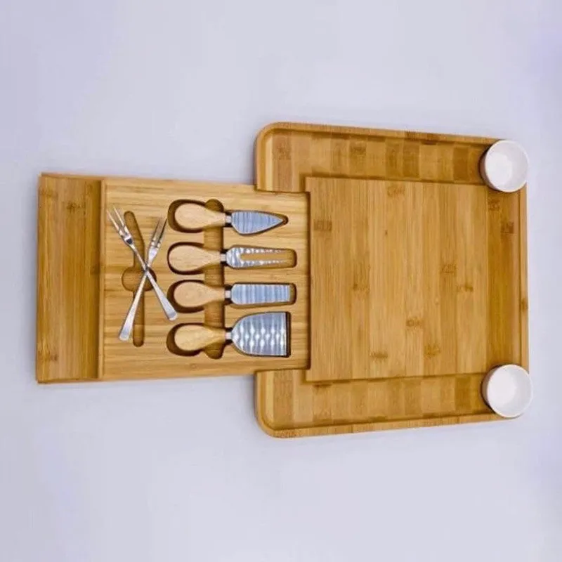 Bertha Bamboo Cheese Charcuterie Board and Knife Set 9 piece Square 34cm Free Delivery