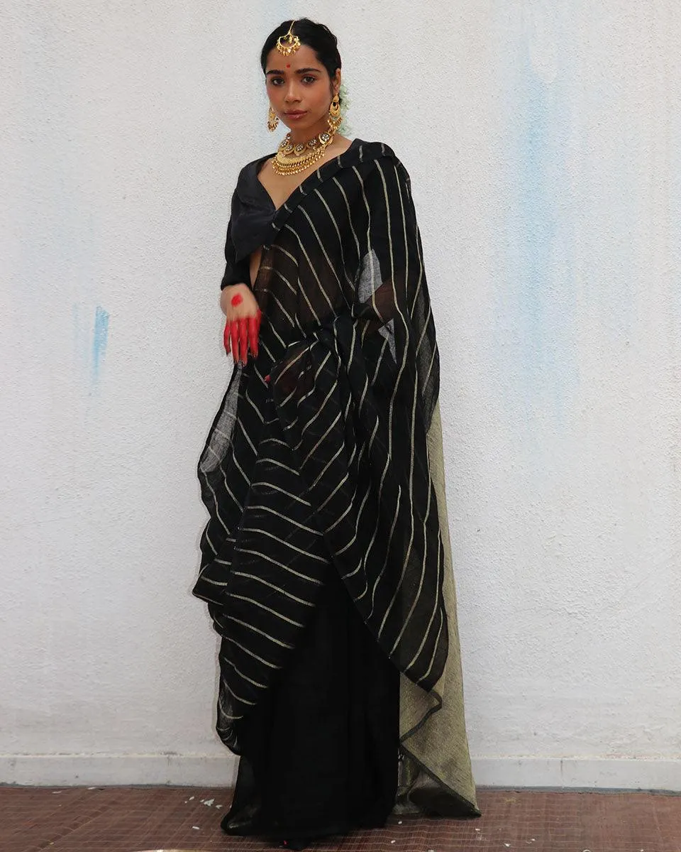 Binodini Handwoven Linen Zari Saree