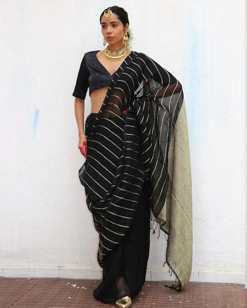 Binodini Handwoven Linen Zari Saree