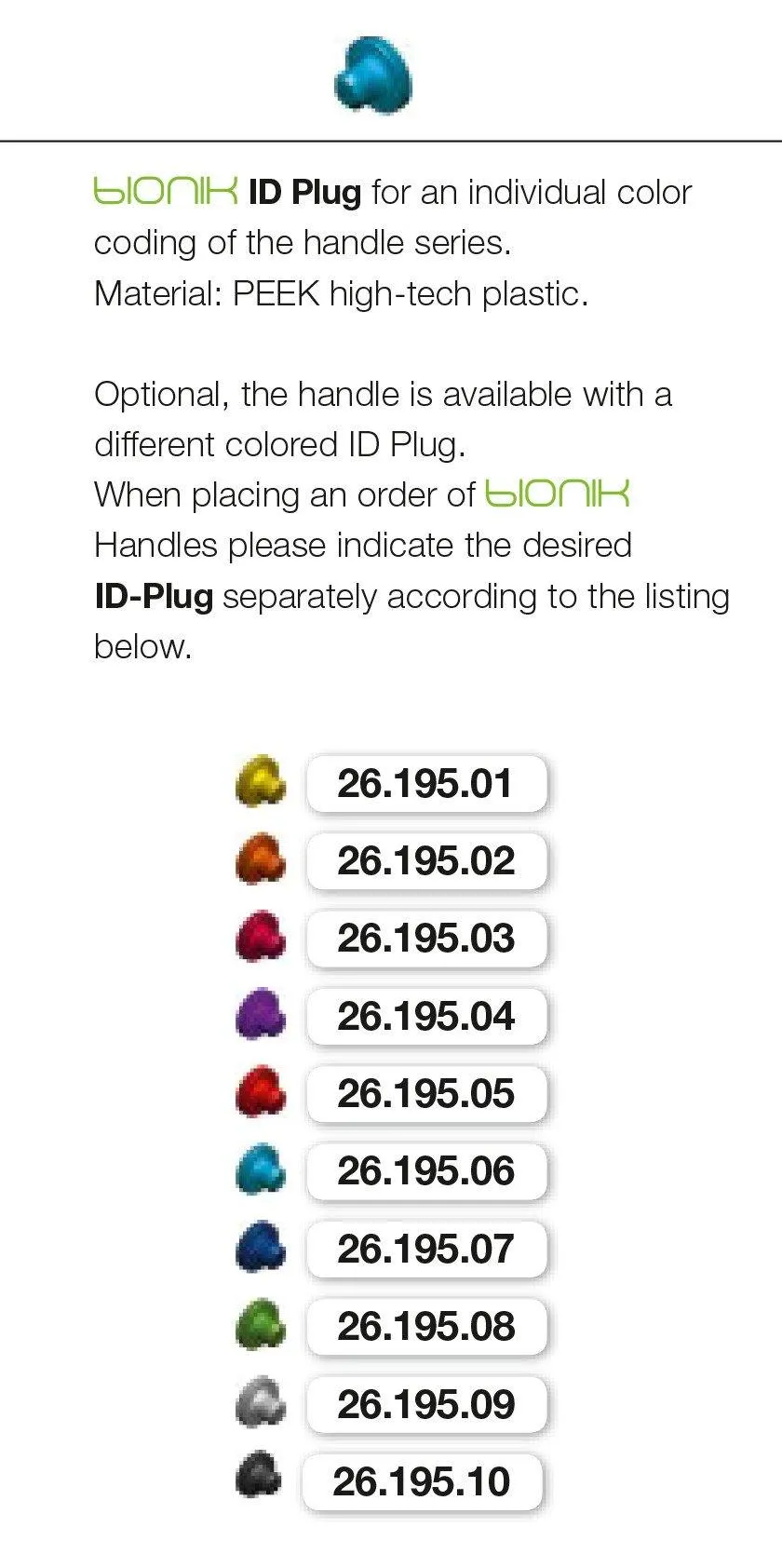 BIONIK ID Plug Color Coding (26.195.01-10)
