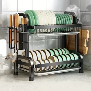 Black Metal Double Tier Dish Rack with Drain Tray and Drip Pan -