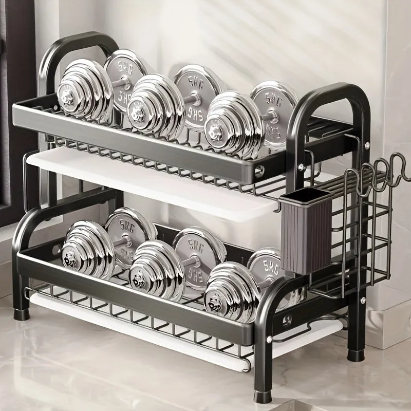 Black Metal Double Tier Dish Rack with Drain Tray and Drip Pan -