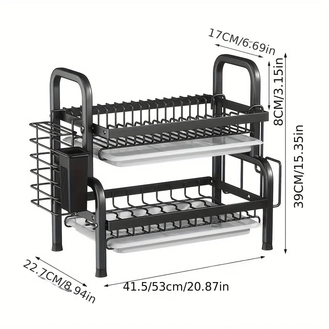 Black Metal Double Tier Dish Rack with Drain Tray and Drip Pan -