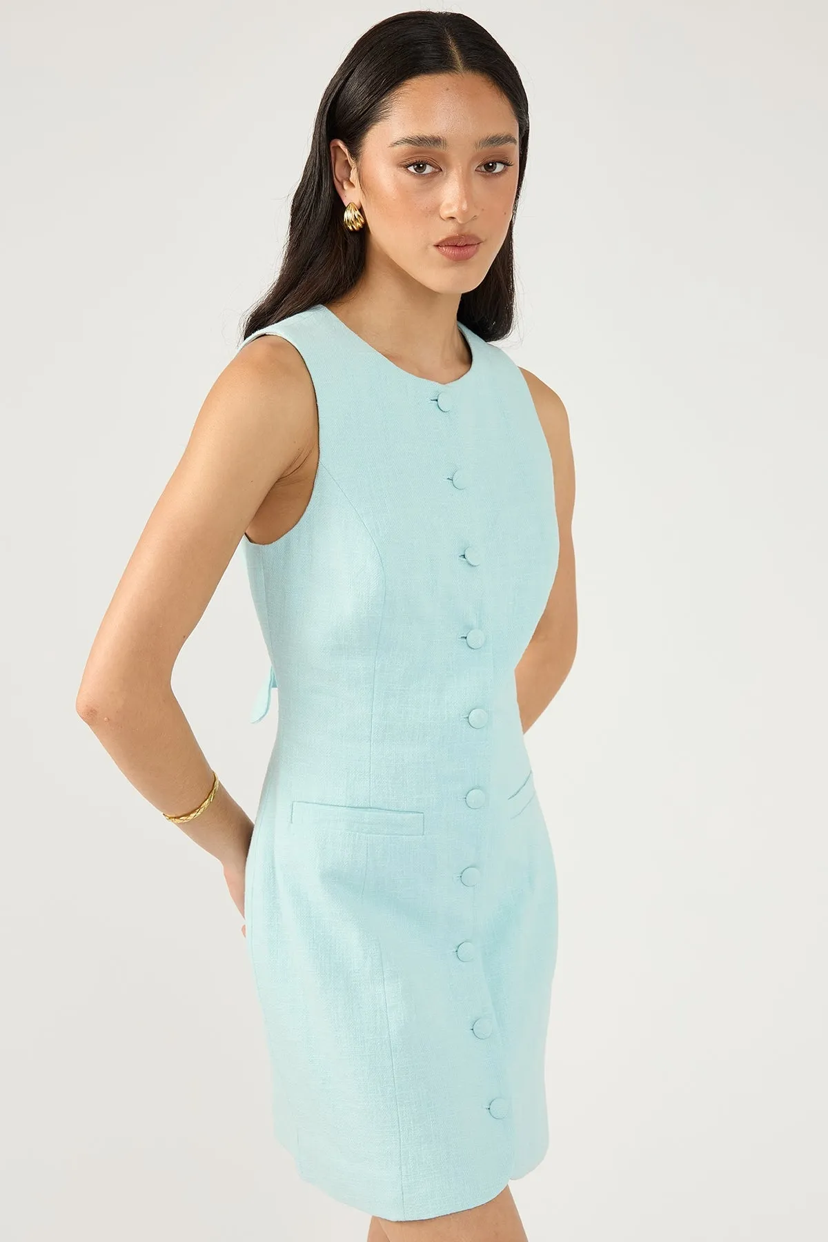 Blue Linen High Neck Dress