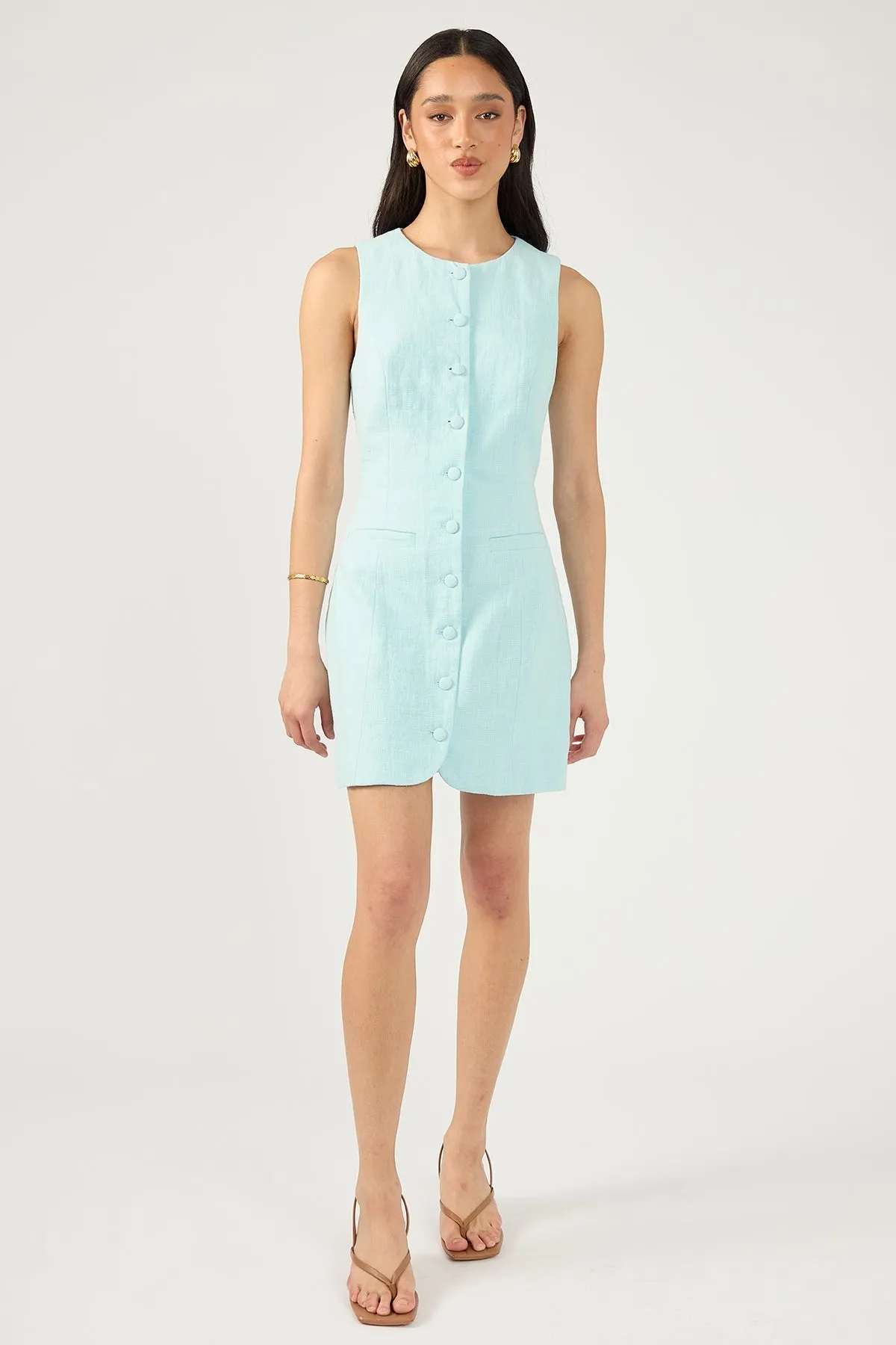 Blue Linen High Neck Dress