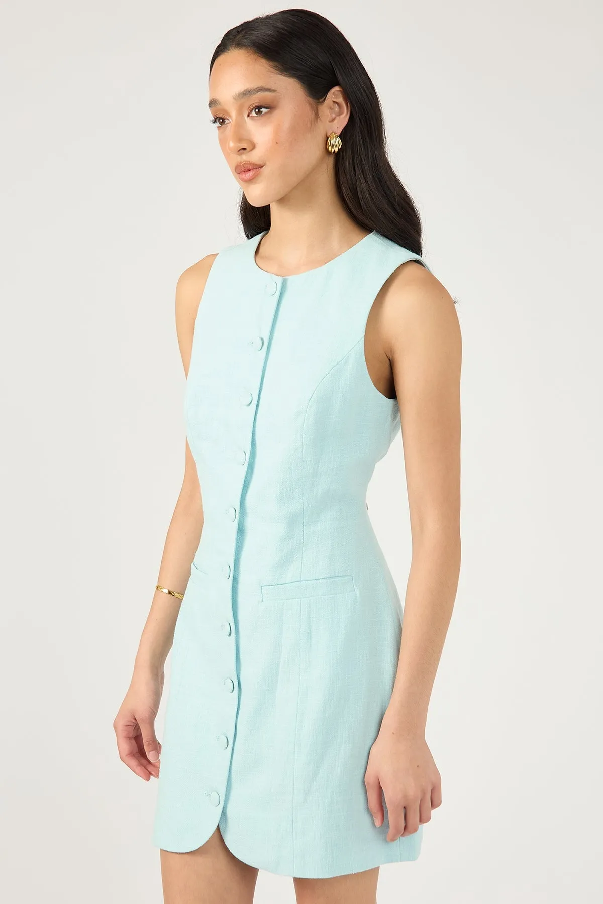 Blue Linen High Neck Dress
