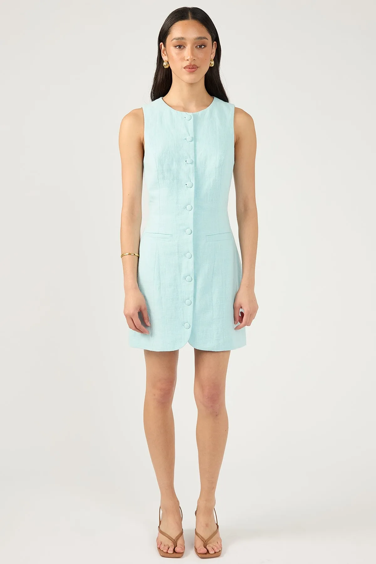 Blue Linen High Neck Dress