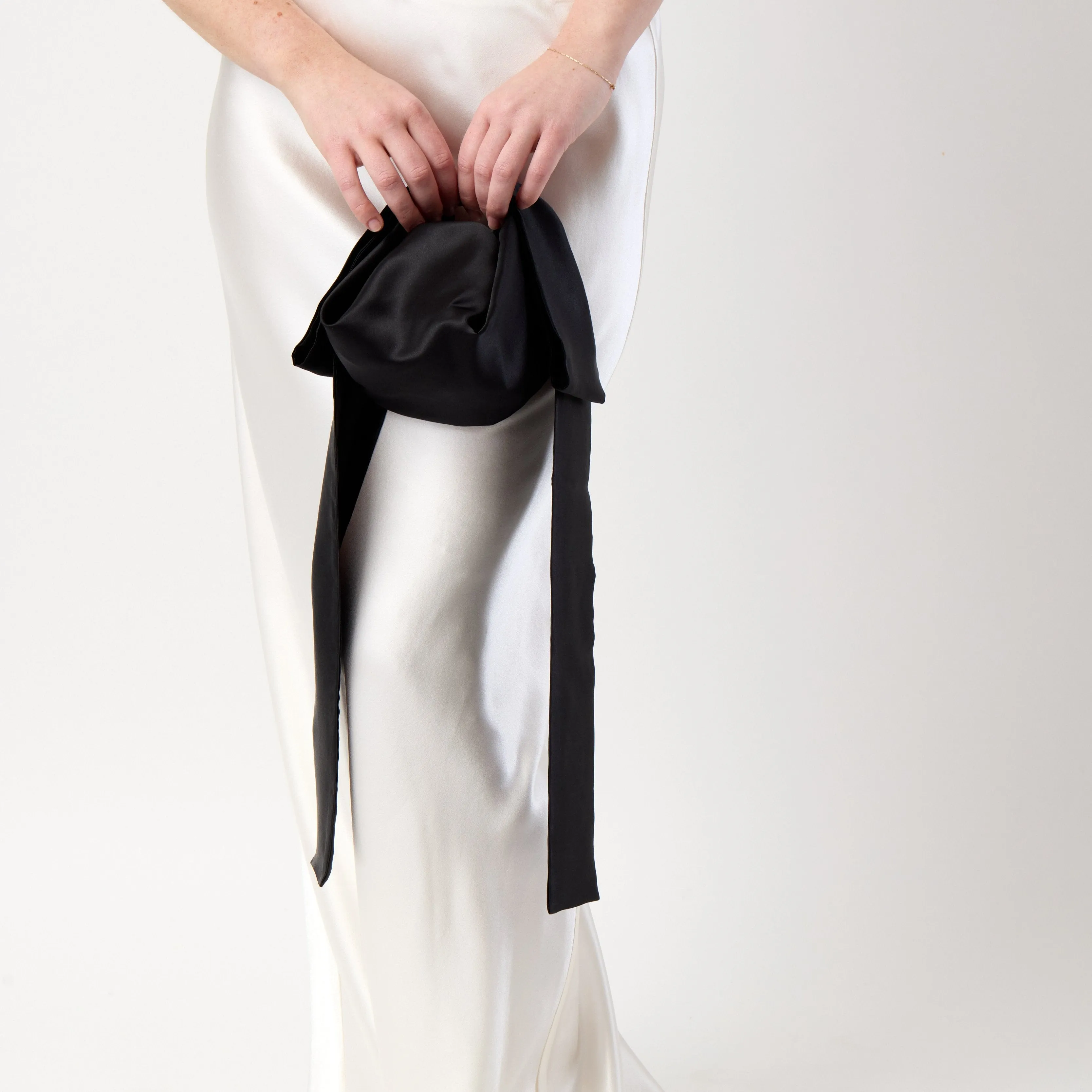 Bow Handle Bag - Black Silk Satin