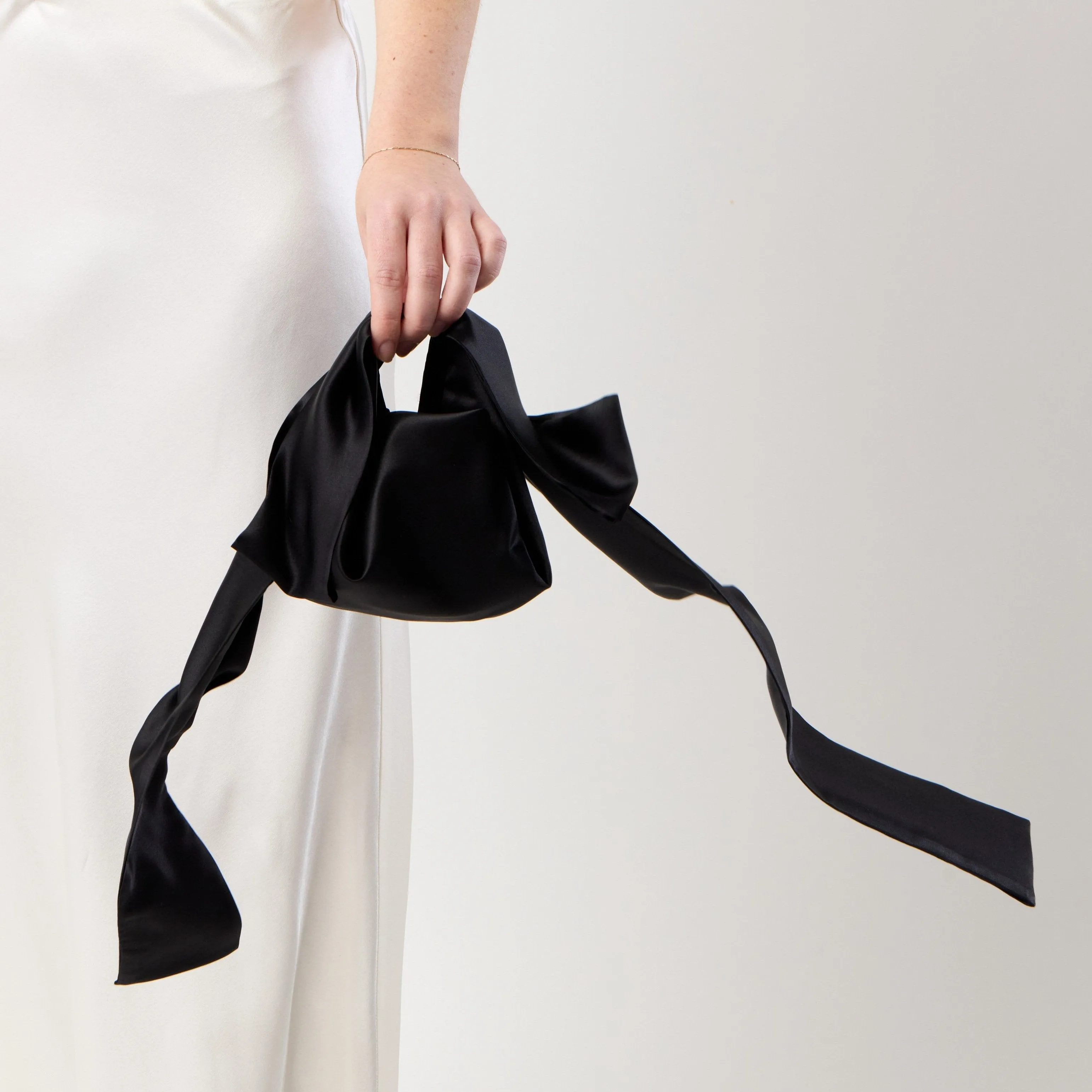 Bow Handle Bag - Black Silk Satin