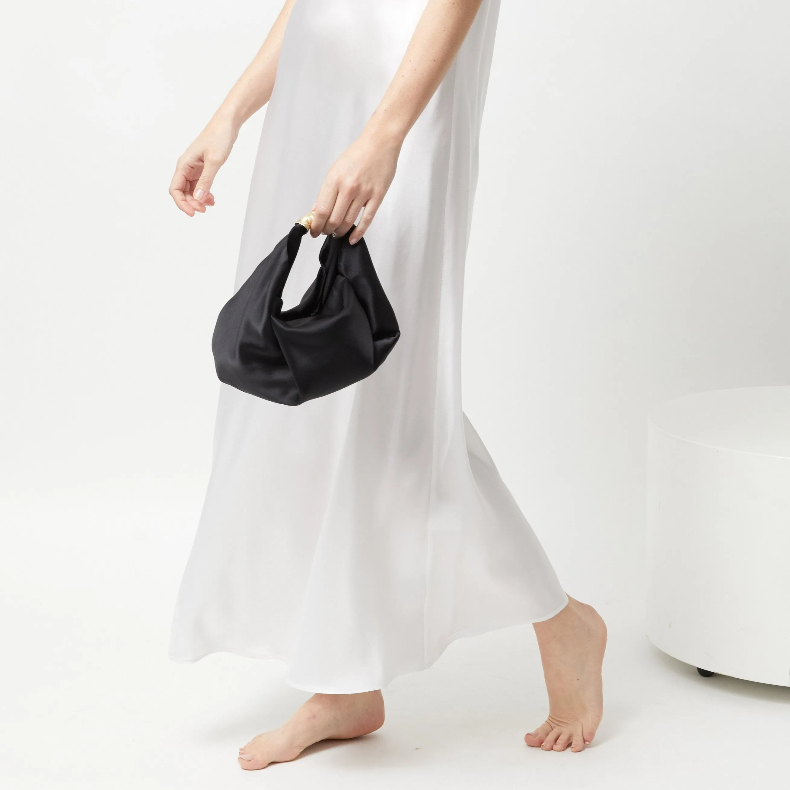 Brass Handle Parachute Bag - Black Silk Satin