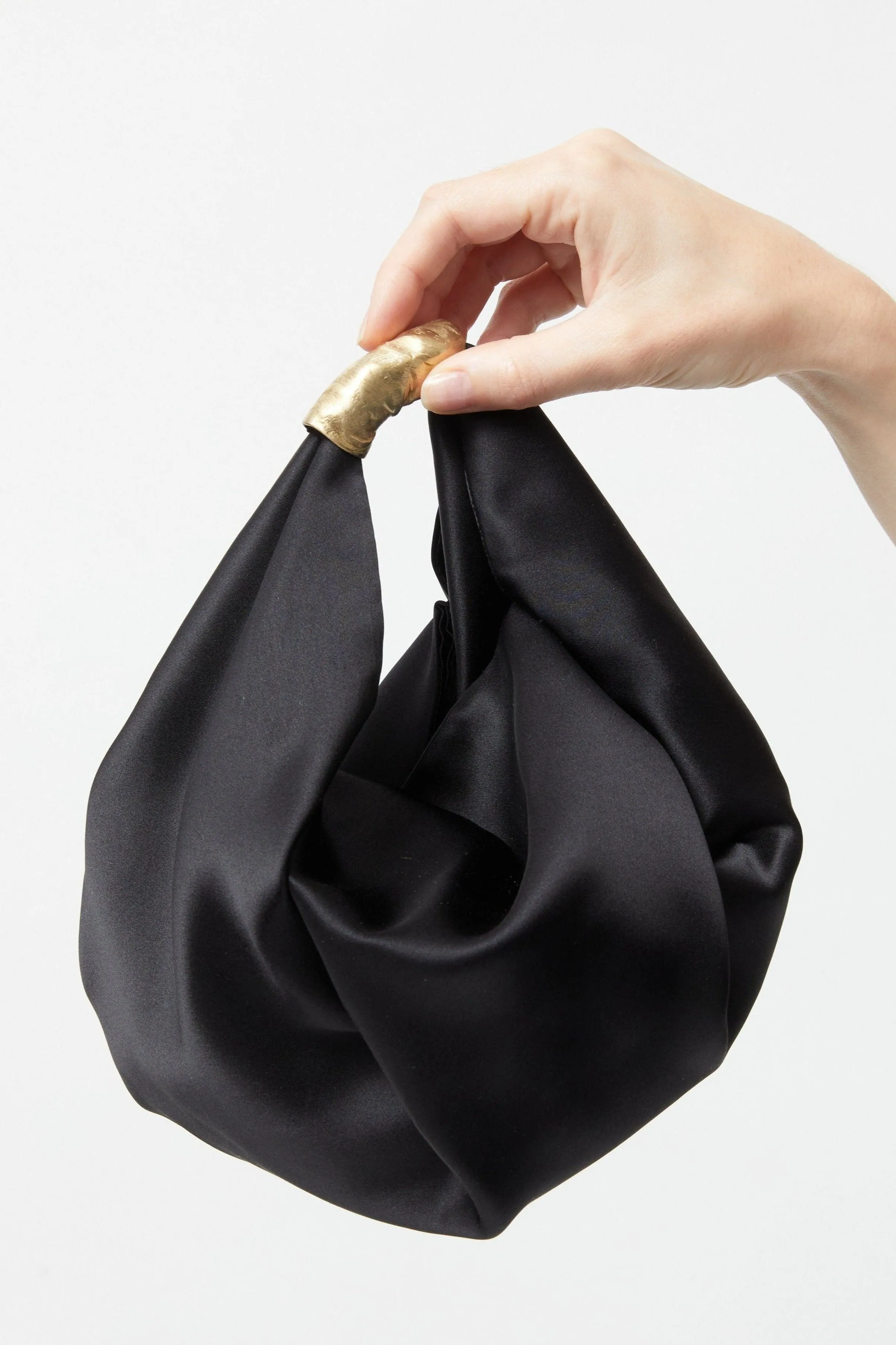 Brass Handle Parachute Bag - Black Silk Satin