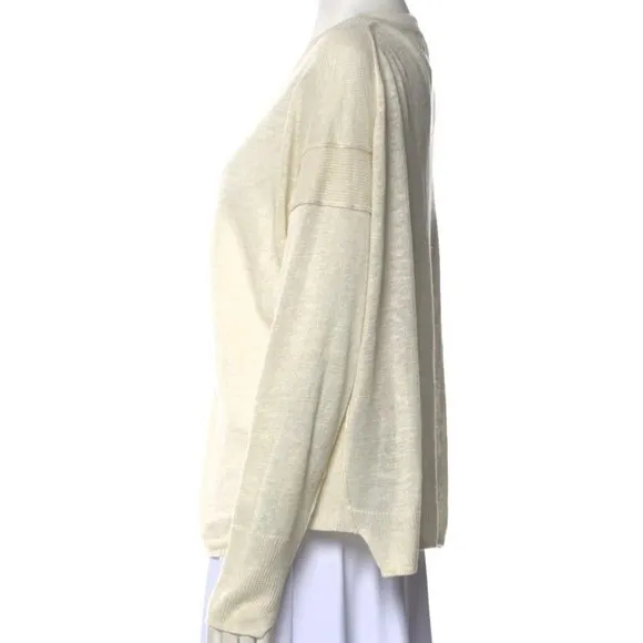 Brochu Walker Sweater 100% Linen Lightweight Raw Seams High Low V-Neck Beige S