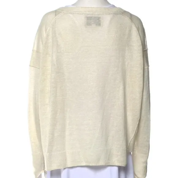 Brochu Walker Sweater 100% Linen Lightweight Raw Seams High Low V-Neck Beige S