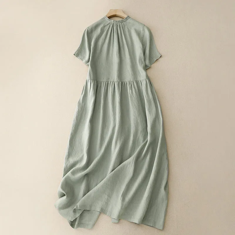 Buddha Stones Casual Plain Button Crew Ruffle Neck Short Sleeve Cotton Linen Women's Maxi Dress With Pockets