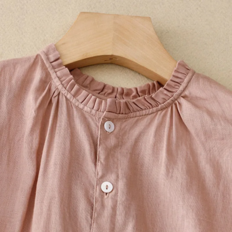 Buddha Stones Casual Plain Button Crew Ruffle Neck Short Sleeve Cotton Linen Women's Maxi Dress With Pockets