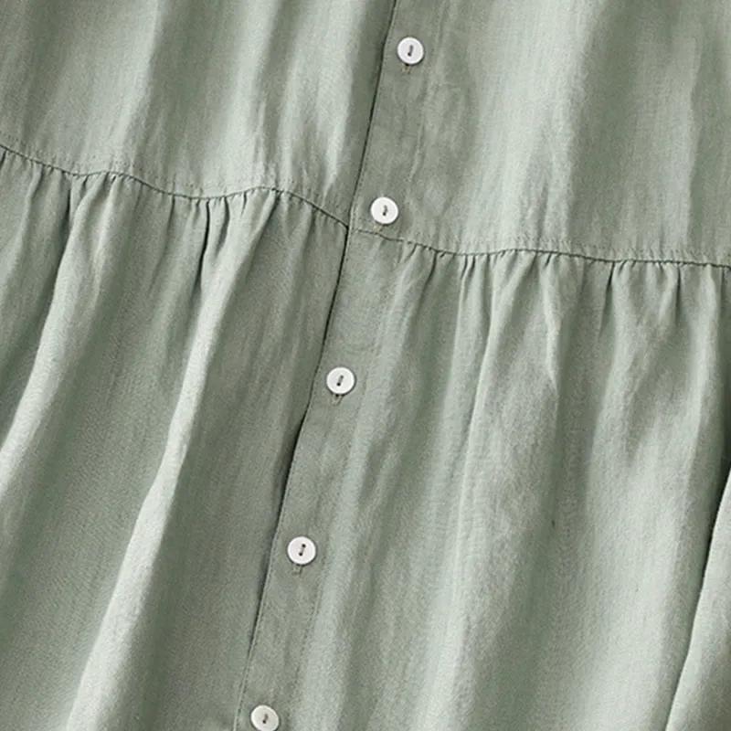 Buddha Stones Casual Plain Button Crew Ruffle Neck Short Sleeve Cotton Linen Women's Maxi Dress With Pockets