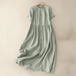 Buddha Stones Casual Plain Button Crew Ruffle Neck Short Sleeve Cotton Linen Women's Maxi Dress With Pockets