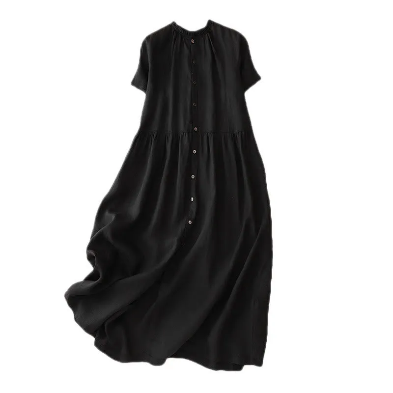 Buddha Stones Casual Plain Button Crew Ruffle Neck Short Sleeve Cotton Linen Women's Maxi Dress With Pockets