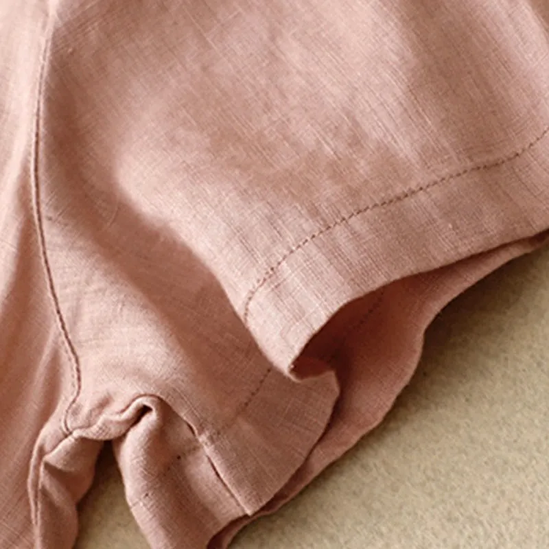 Buddha Stones Casual Plain Button Crew Ruffle Neck Short Sleeve Cotton Linen Women's Maxi Dress With Pockets