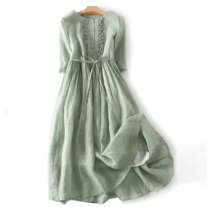 Buddha Stones Casual Plain Ruffle Design Short Sleeve Lace-Up Cotton Linen Women's Maxi Dress With Pockets