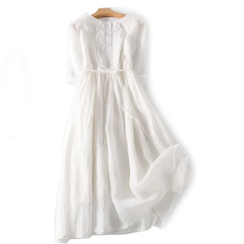 Buddha Stones Casual Plain Ruffle Design Short Sleeve Lace-Up Cotton Linen Women's Maxi Dress With Pockets