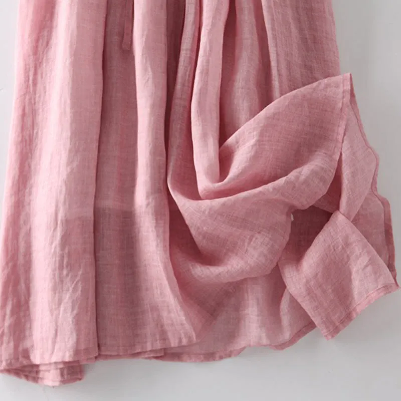 Buddha Stones Casual Plain Ruffle Design Short Sleeve Lace-Up Cotton Linen Women's Maxi Dress With Pockets