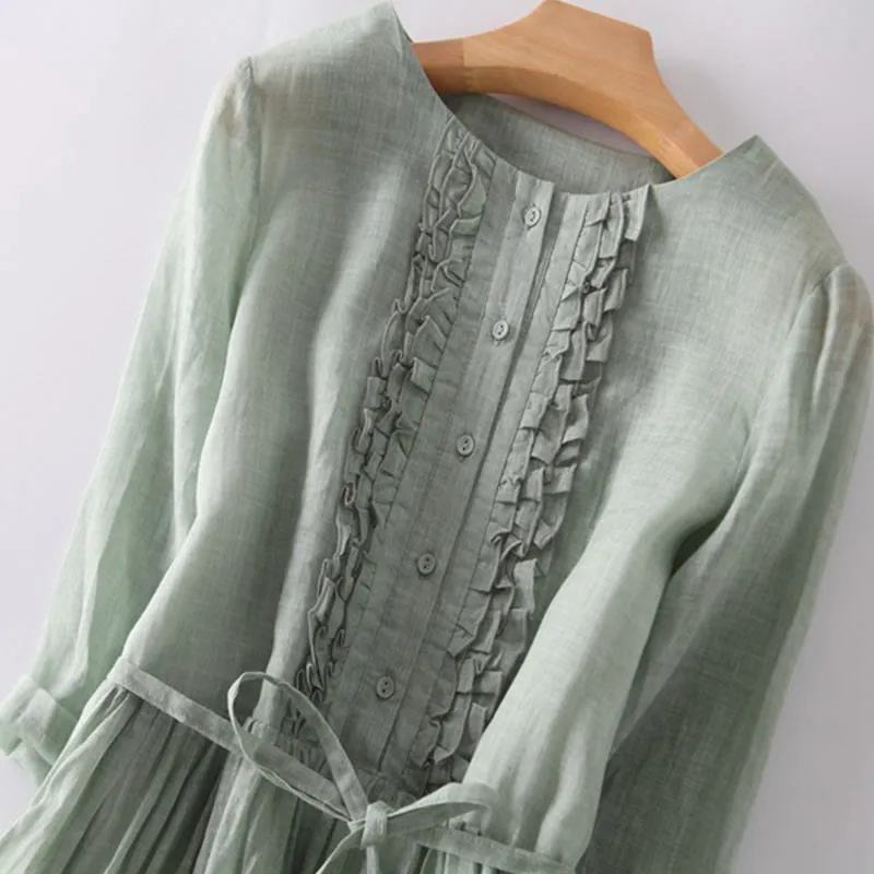 Buddha Stones Casual Plain Ruffle Design Short Sleeve Lace-Up Cotton Linen Women's Maxi Dress With Pockets
