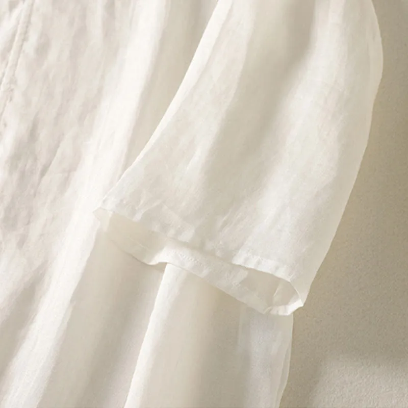 Buddha Stones Plain Frog-Button Long Sleeve Cotton Linen Women's Maxi Dress With Pockets