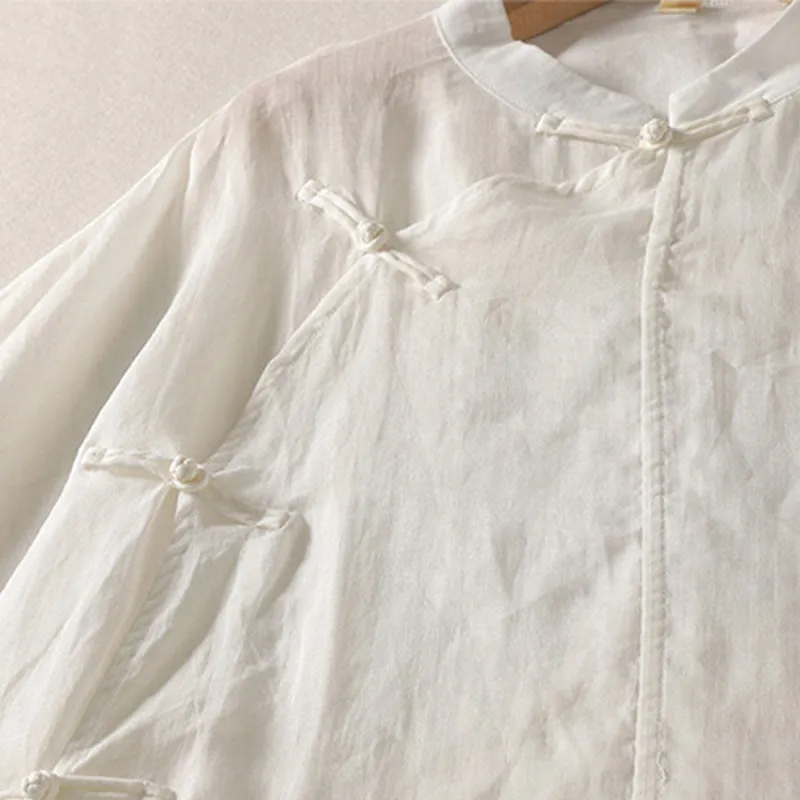 Buddha Stones Plain Frog-Button Long Sleeve Cotton Linen Women's Maxi Dress With Pockets