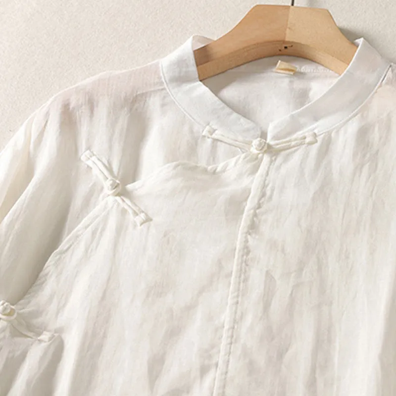 Buddha Stones Plain Frog-Button Long Sleeve Cotton Linen Women's Maxi Dress With Pockets