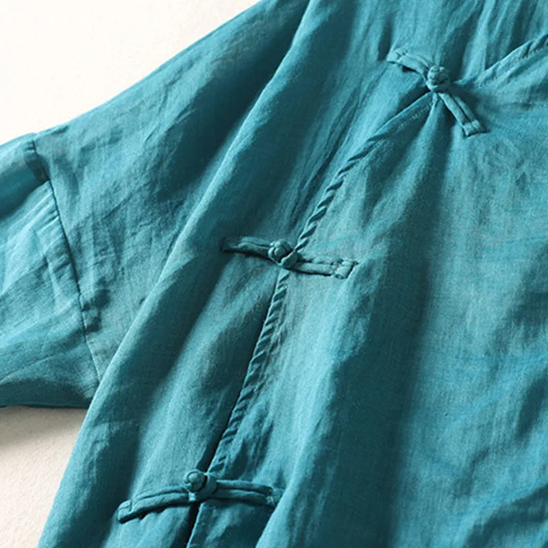Buddha Stones Plain Frog-Button Long Sleeve Cotton Linen Women's Maxi Dress With Pockets