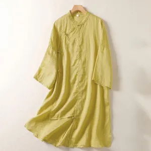 Buddha Stones Plain Frog-Button Long Sleeve Cotton Linen Women's Maxi Dress With Pockets