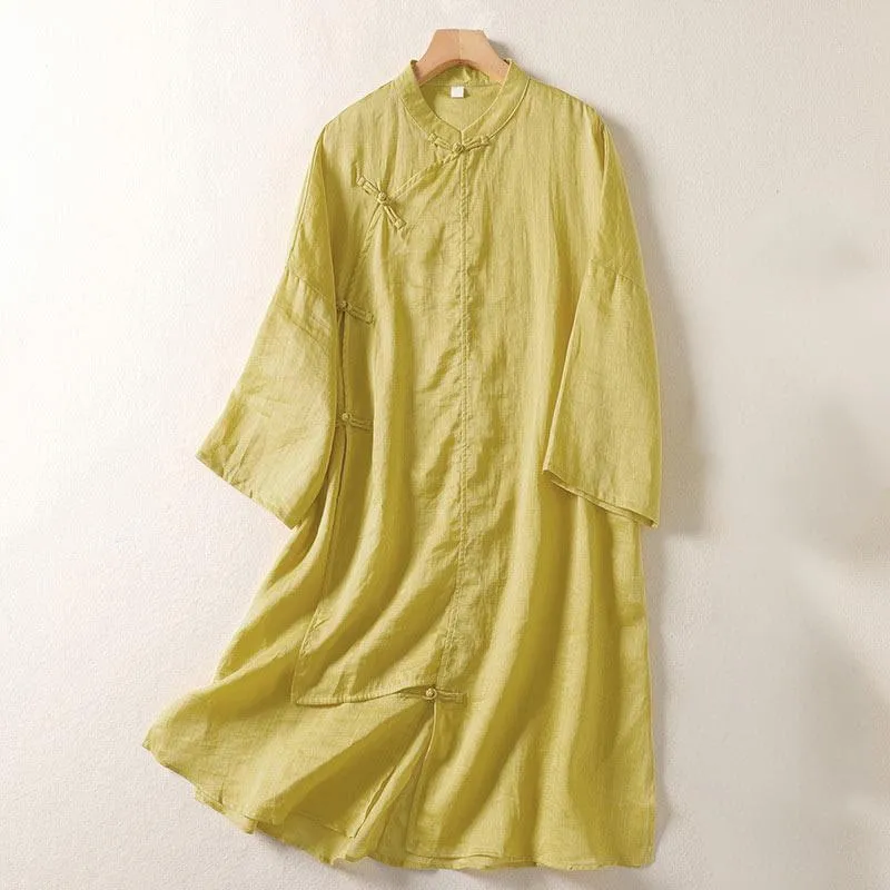 Buddha Stones Plain Frog-Button Long Sleeve Cotton Linen Women's Maxi Dress With Pockets