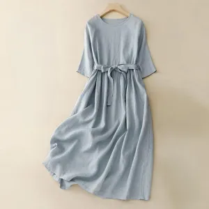 Buddha Stones Summer Pure Color Three Quarter Sleeve Lace-Up Cotton Linen Women's Maxi Dress With Pockets