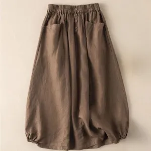 Buddha Stones Summer Solid Button Elastic Waist 7-8 Length Women's Cotton Linen Skirt With Pockets