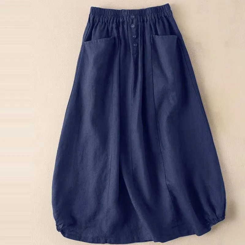 Buddha Stones Summer Solid Button Elastic Waist 7-8 Length Women's Cotton Linen Skirt With Pockets