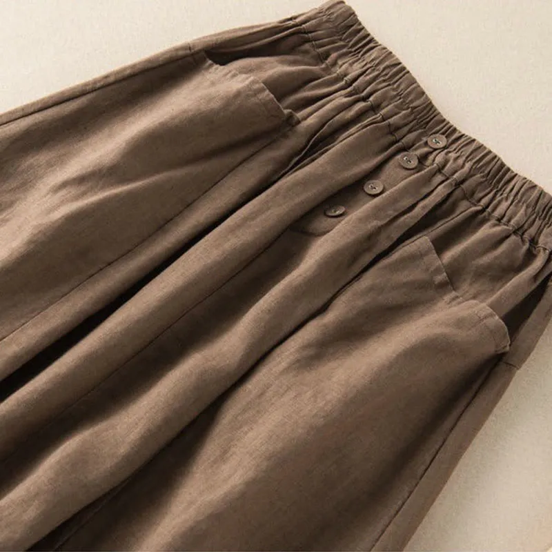 Buddha Stones Summer Solid Button Elastic Waist 7-8 Length Women's Cotton Linen Skirt With Pockets