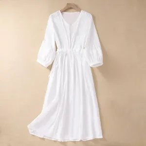 Buddha Stones Summer Solid Color Long Lantern Sleeve Drawstring Cotton Linen Women's Maxi Dress With Pockets