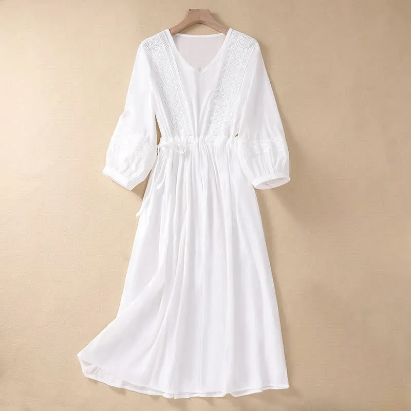 Buddha Stones Summer Solid Color Long Lantern Sleeve Drawstring Cotton Linen Women's Maxi Dress With Pockets