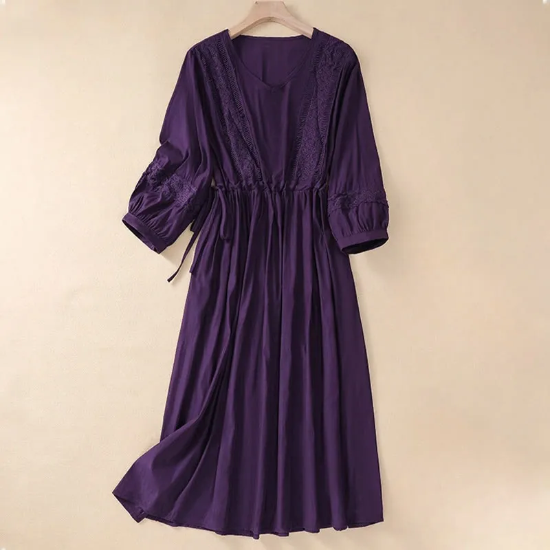 Buddha Stones Summer Solid Color Long Lantern Sleeve Drawstring Cotton Linen Women's Maxi Dress With Pockets