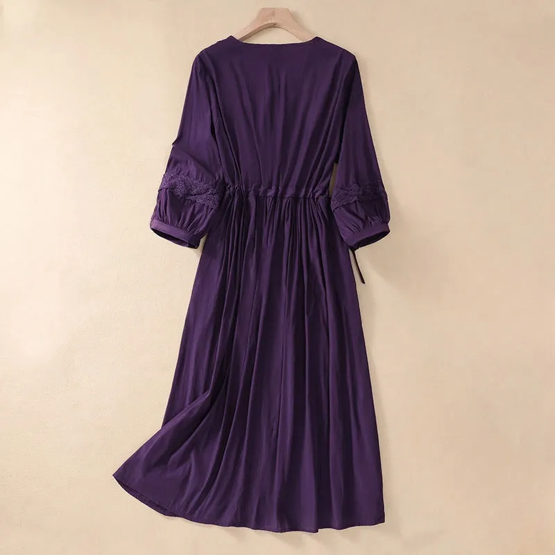 Buddha Stones Summer Solid Color Long Lantern Sleeve Drawstring Cotton Linen Women's Maxi Dress With Pockets