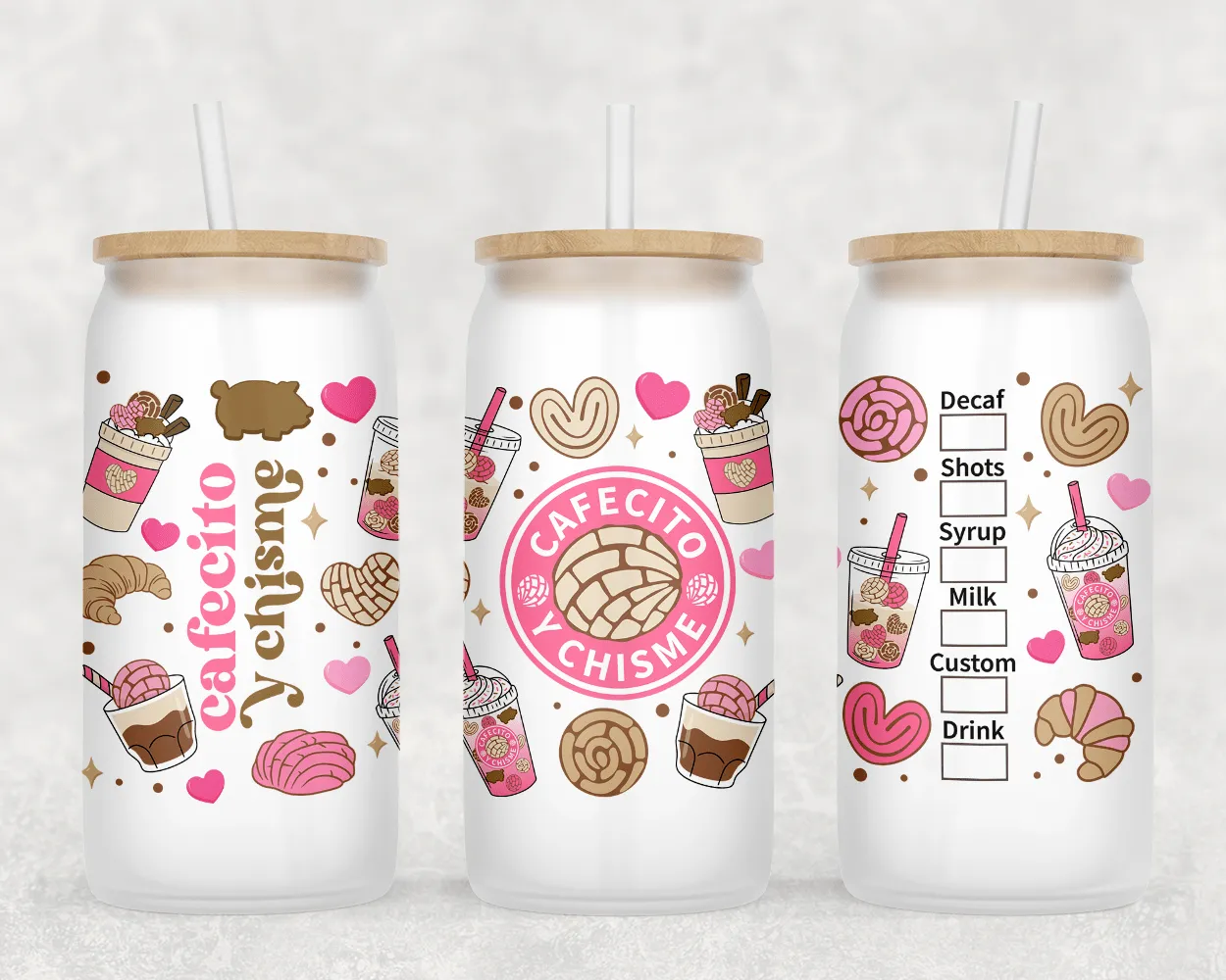 Cafecito y Chisme 16oz Can Glass with Straw   Lid