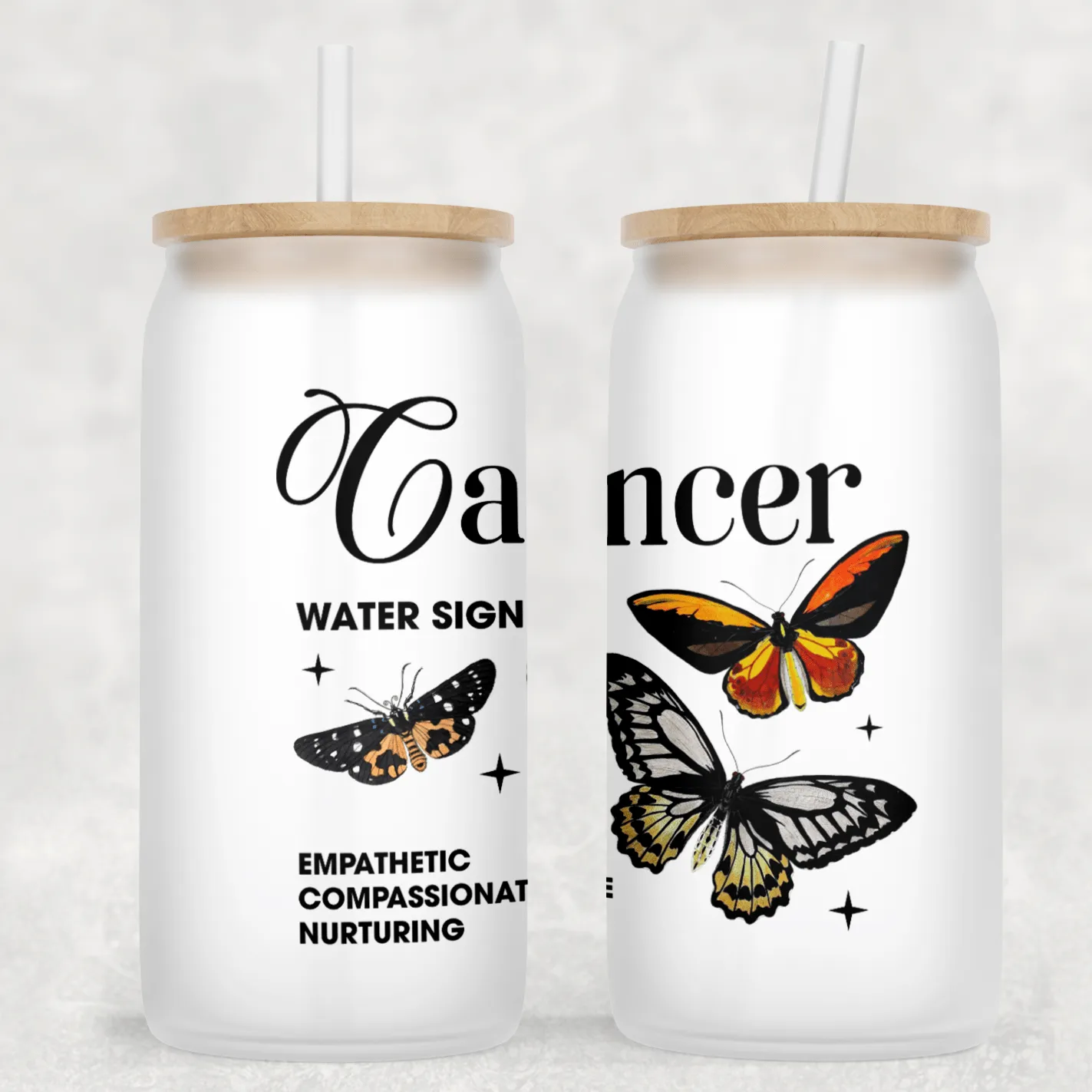 Cancer Butterfly Frosted Can Glass with Lid   Straw