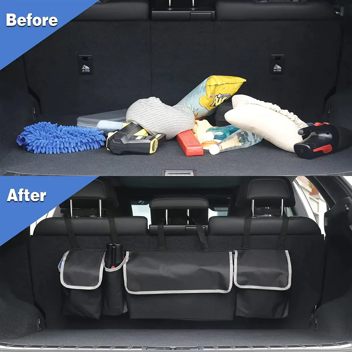 Car Trunk Hanging Organizer, Custom Logo For Your Car, Thick Backseat Trunk Storage Bag with 4 Pockets and 3 Adjustable Shoulder Straps, Foldable Car Trunk Interior Accessories Releases Your Trunk Space, Free Trunk Floor