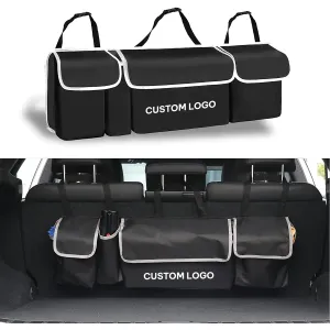 Car Trunk Hanging Organizer, Custom Logo For Your Car, Thick Backseat Trunk Storage Bag with 4 Pockets and 3 Adjustable Shoulder Straps, Foldable Car Trunk Interior Accessories Releases Your Trunk Space, Free Trunk Floor