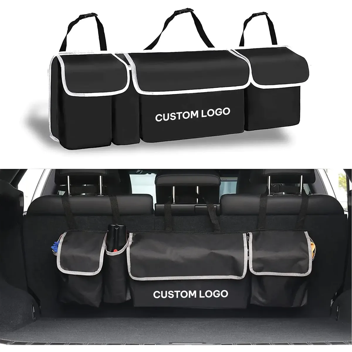 Car Trunk Hanging Organizer, Custom Logo For Your Car, Thick Backseat Trunk Storage Bag with 4 Pockets and 3 Adjustable Shoulder Straps, Foldable Car Trunk Interior Accessories Releases Your Trunk Space, Free Trunk Floor